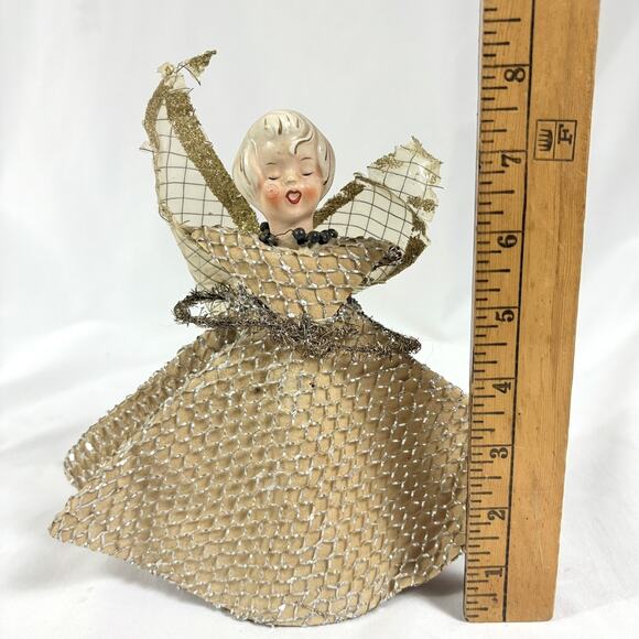 Holt Howard Ceramic Head Gold Mesh Angel Vintage MCM Christmas Tree Topper 8.5” - Picture 7 of 7